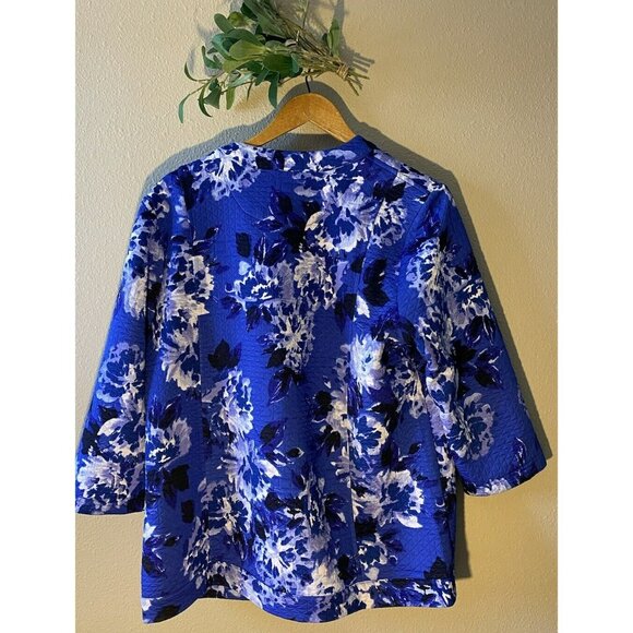 Isaac Mizrahi Live Open Front Cardigan Jacket Large Blue Floral Quilted 3/4 Slv - Picture 4 of 8